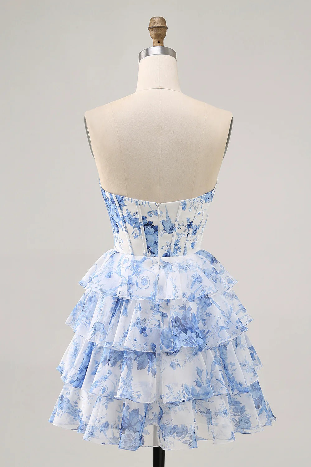 HEULORIA Blue and White Floral Toile Strapless Corset Mini Dress with Twist-Front Cut-Out ED-318 Image secondaire du produit