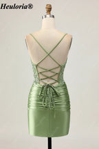 HEULORIA Sage Green Beaded Lace Corset Satin Mini Homecoming Dress with Lace-Up Back ED-304