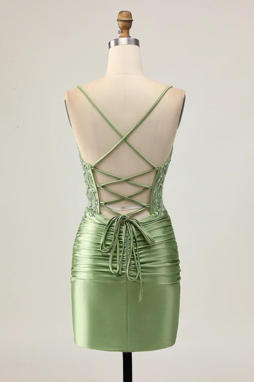 HEULORIA Sage Green Sequin Lace Corset Homecoming Dress - Ruched Satin Spaghetti Strap Mini Gown ED-304