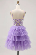 HEULORIA Lavender Tiered Tulle Mini Dress - Sequin Lace Appliqué V-Neck Cocktail Gown ED-294