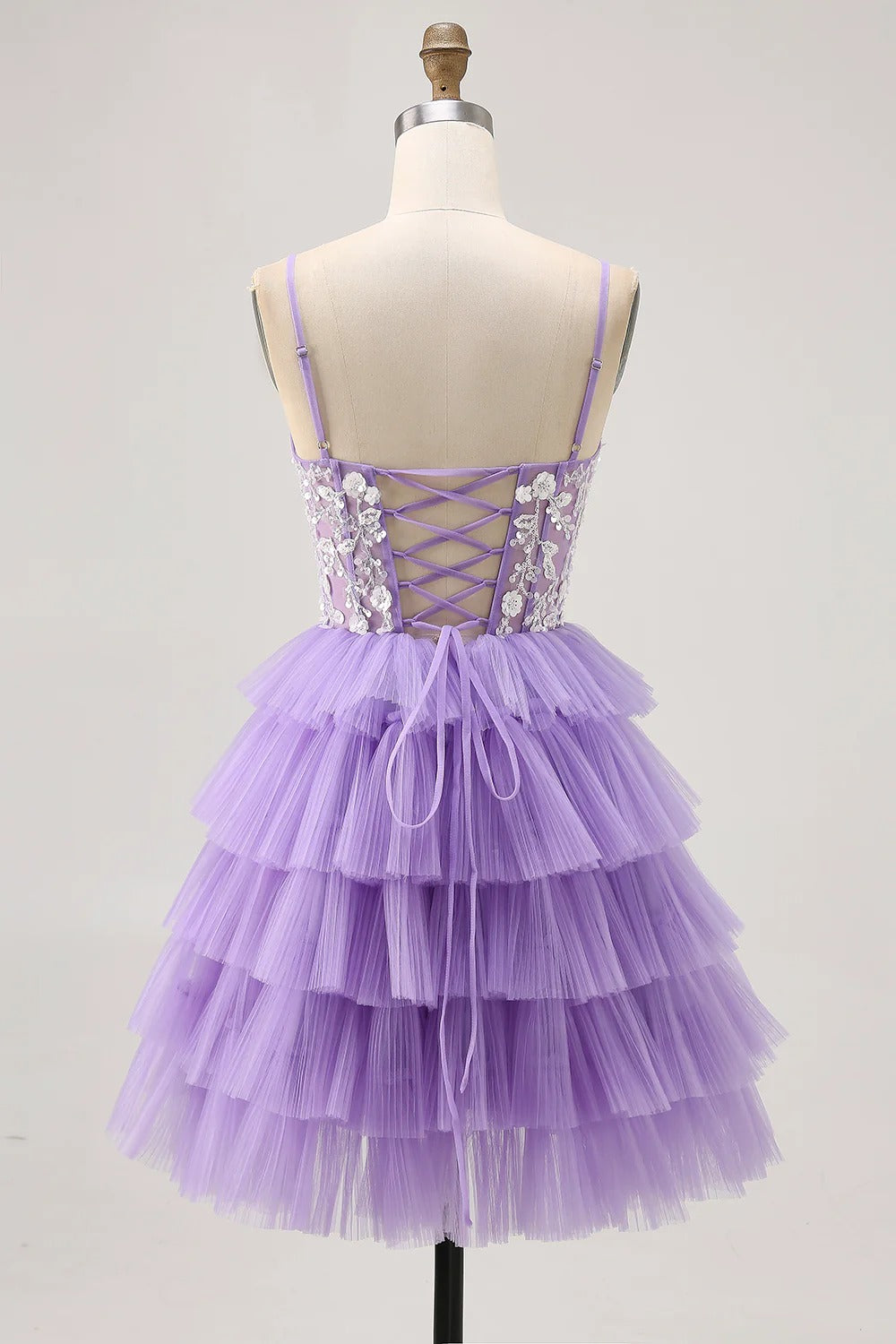 HEULORIA Lavender Tiered Tulle Mini Dress - Sequin Lace Appliqué V-Neck Cocktail Gown ED-294