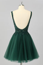 Heuloria Dark Green V-Neck Sequin Homecoming Dress - Short Tulle A-Line Cocktail Gown with Illusion Neckline ED-301