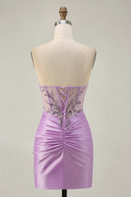 HEULORIA Sparkly Sequin Corset Mini Dress - Sheer Boning Ruched Bodycon Cocktail Gown ED-302