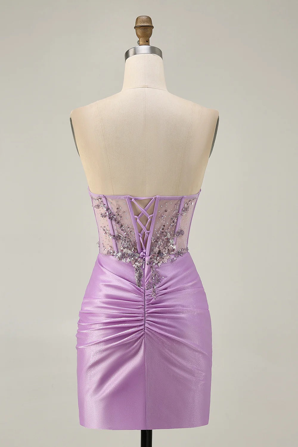 HEULORIA Sparkly Sequin Corset Mini Dress - Sheer Boning Ruched Bodycon Cocktail Gown ED-302
