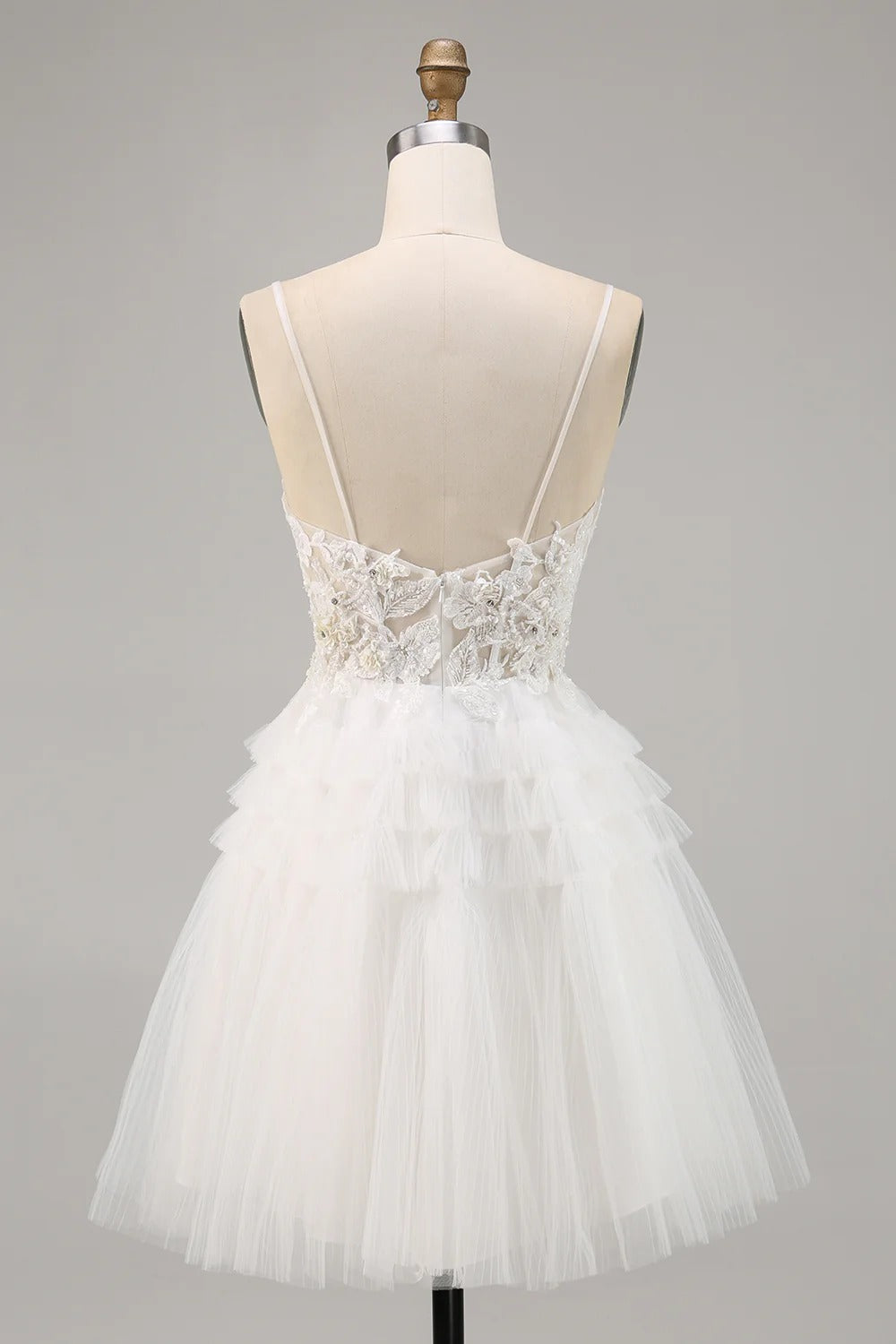 HEULORIA Enchanting Tiered Tulle Short evening Dress - Floral Lace Appliqué & Plunging V-Neck with Spaghetti Straps homecoming dress ED-290