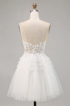 HEULORIA Enchanting Tiered Tulle Short evening Dress - Floral Lace Appliqué & Plunging V-Neck with Spaghetti Straps homecoming dress ED-290