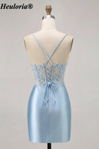 HEULORIA Light Blue Lace Corset Satin Mini Dress with Lace-Up Back ED-296