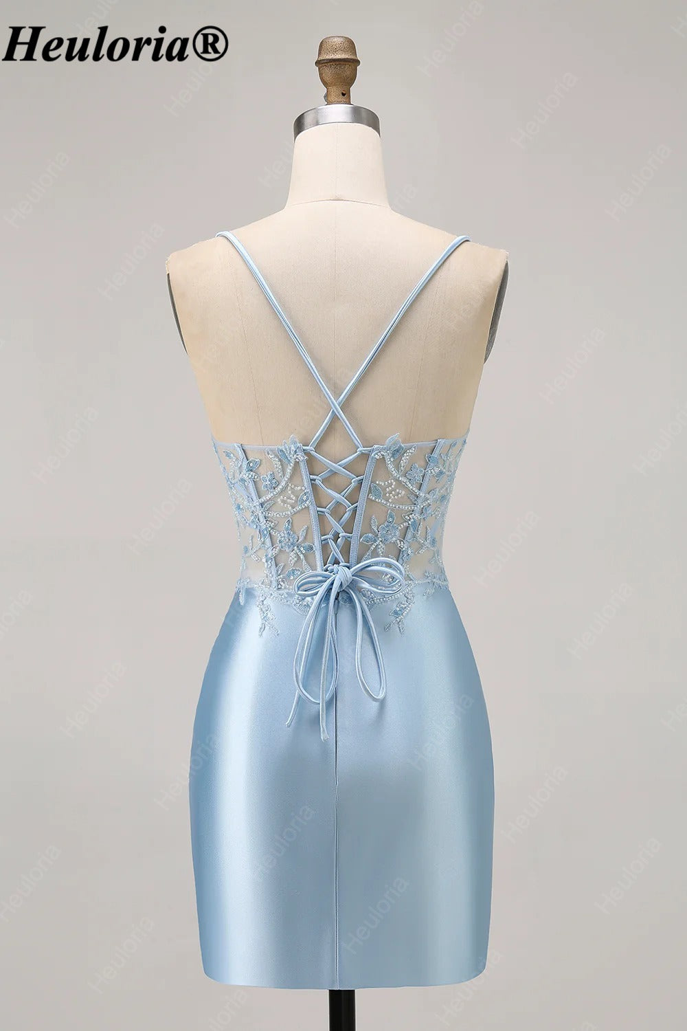 HEULORIA Light Blue Lace Corset Satin Mini Dress with Lace-Up Back ED-296