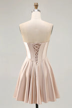 HEULORIA Champagne Satin Strapless Short Prom Dress - Twisted Sweetheart & Corset Back ED-329