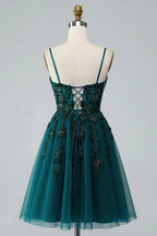 HEULORIA Sparkly Dark Green Short Prom Dress - Square Neck A-Line Tulle Homecoming Gown with Lace Appliqués ED-300