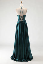 HEULORIA Dark Green Plunging V-Neck Satin Evening Gown with Lace-Up Corset Back ED-334
