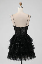HEULORIA Sparkling Black Sequined Tiered Mini Homecoming Dress - Illusion Deep V & Spaghetti Straps ED-307