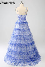 HEULORIA Blue Floral Tiered Tulle A-Line Prom Dress with Cutout Bodice ED-342