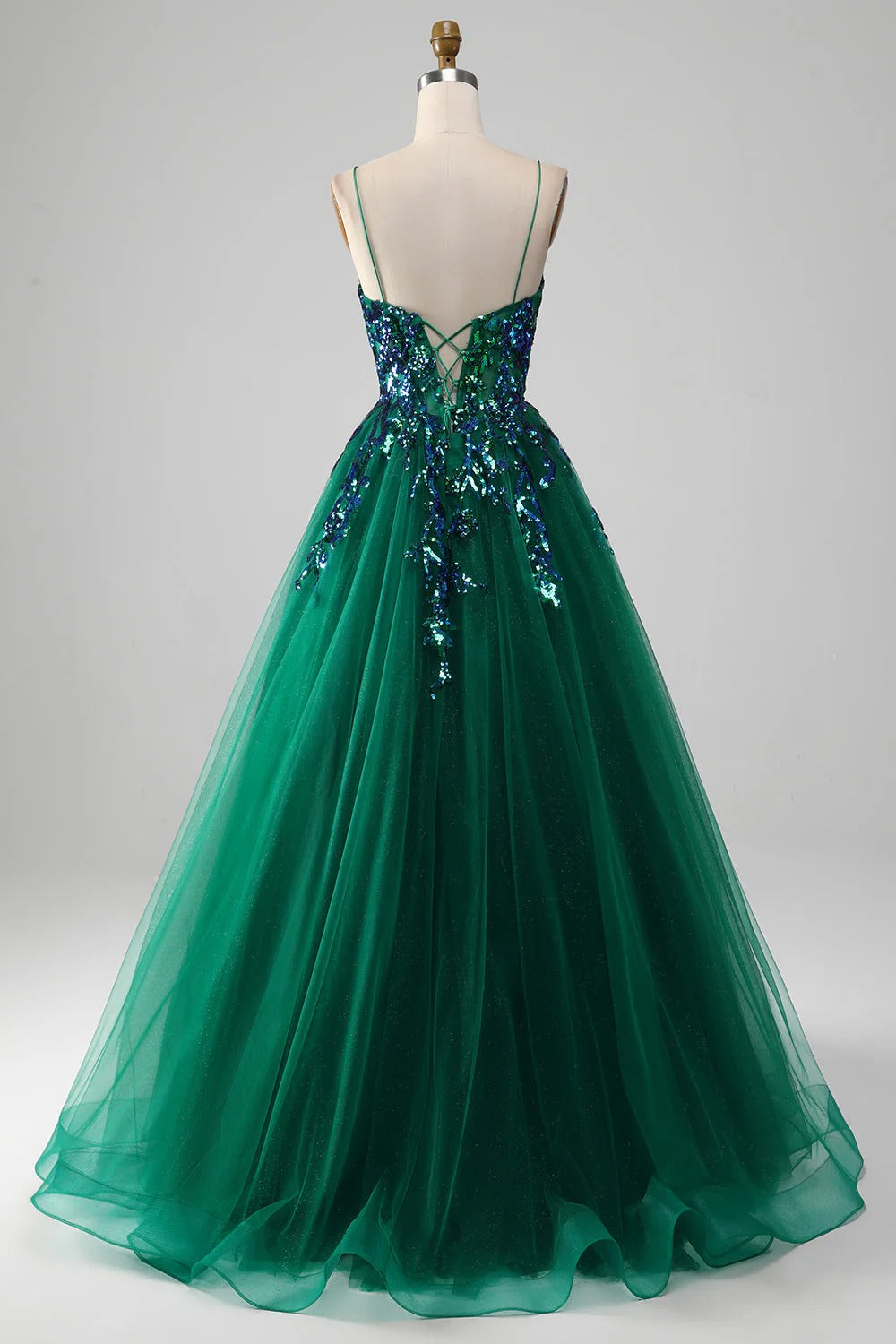 HEULORIA Dark Green Sequin V-Neck Prom Dress: Spaghetti Strap Lace-Up A-Line Formal Gown ED-340