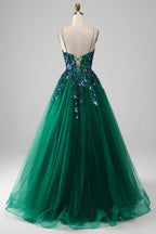 HEULORIA Dark Green Sequin V-Neck Prom Dress: Spaghetti Strap Lace-Up A-Line Formal Gown ED-340