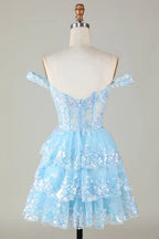 HEULORIA Champagne Off-the-Shoulder Sequin Tiered Mini Dress - Corset Bodice Party & Homecoming Dress ED-277