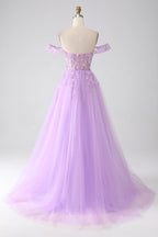 HEULORIA Lilac Off-The-Shoulder Sweetheart Prom Dress with 3D Floral Appliques & Corset Bodice ED-338