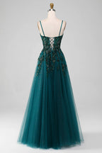 HEULORIA Elegant Dark Green Sequin Floral Prom Dress - Spaghetti Straps & Glitter Tulle A-Line Gown ED-339