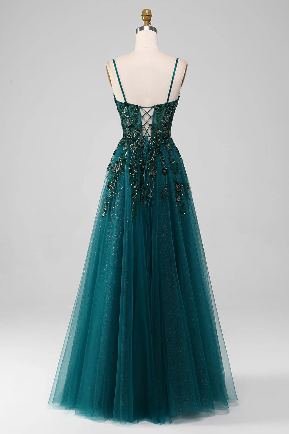 HEULORIA Elegant Dark Green Sequin Floral Prom Dress - Spaghetti Straps & Glitter Tulle A-Line Gown ED-339