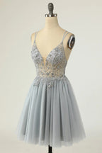 HEULORIA Sparkly Silver-Grey Beaded Tulle Short Prom Dress - Illusion Deep V-Neck & Double Spaghetti Straps ED-305