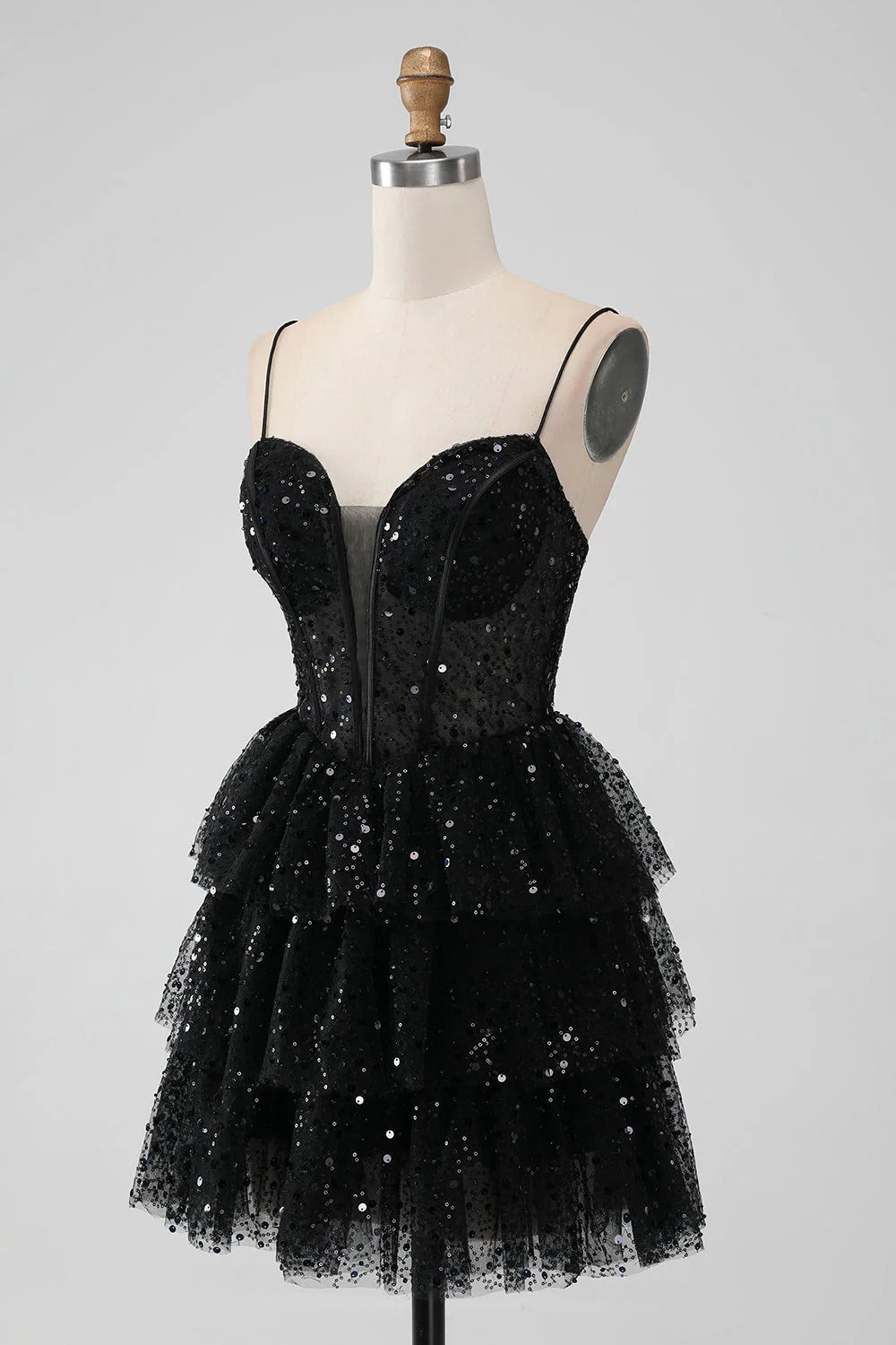 HEULORIA Sparkling Black Sequined Tiered Mini Homecoming Dress - Illusion Deep V & Spaghetti Straps ED-307