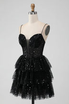 HEULORIA Sparkling Black Sequined Tiered Mini Homecoming Dress - Illusion Deep V & Spaghetti Straps ED-307