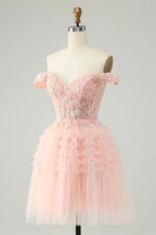 HEULORIA Blush A Line Off The Shoulder Corset Short Tulle Homecoming Dress ED-326