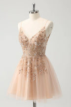 HEULORIA Blush A Line Spaghetti Straps Sequin Tulle Homecoming Dress with Beading ED-311