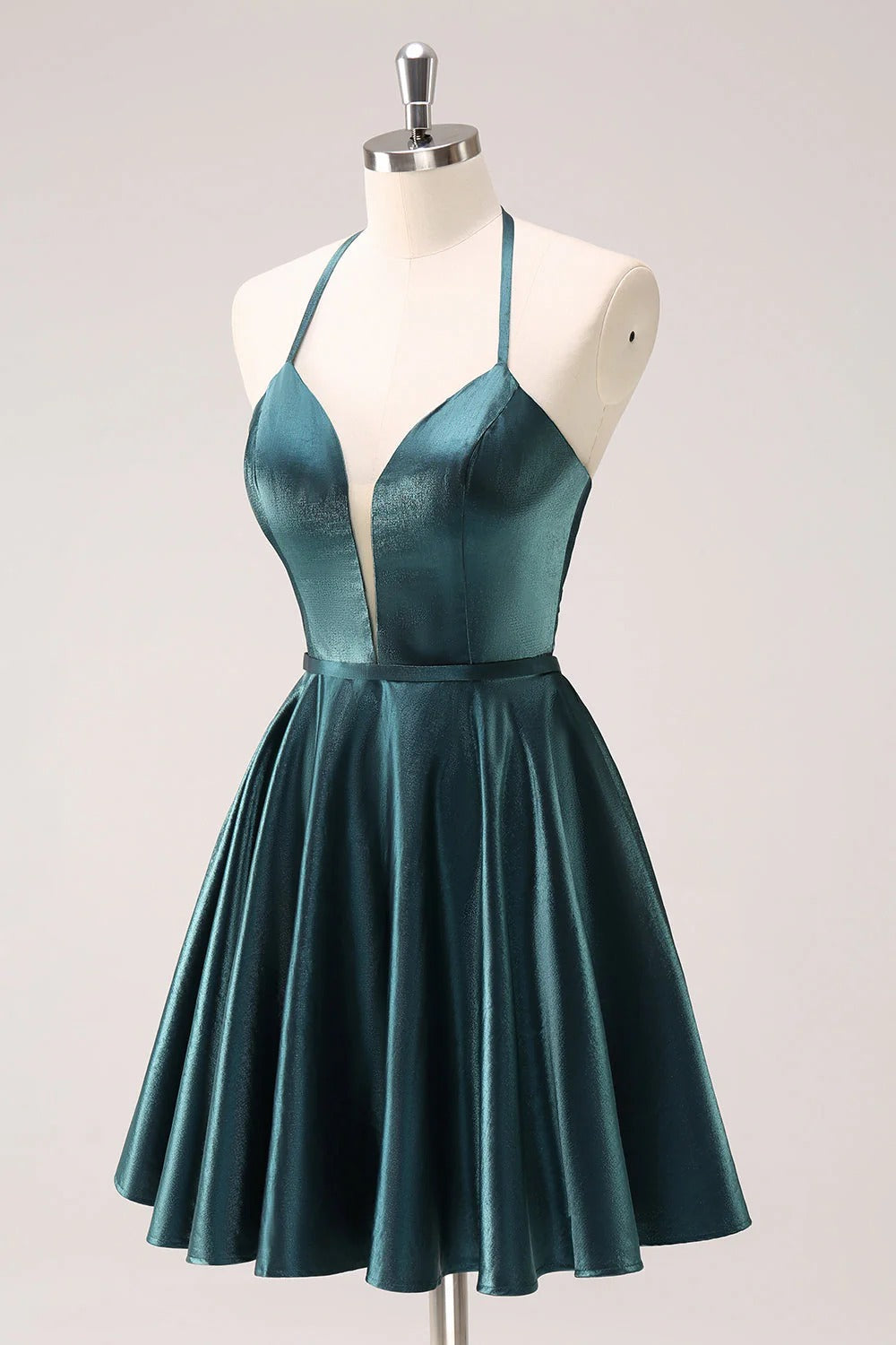HEULORIA Peacock Green Shimmering Deep V-Neck Mini Dress: Illusion Mesh & Lace-Up Back A-Line Prom Gown ED-327