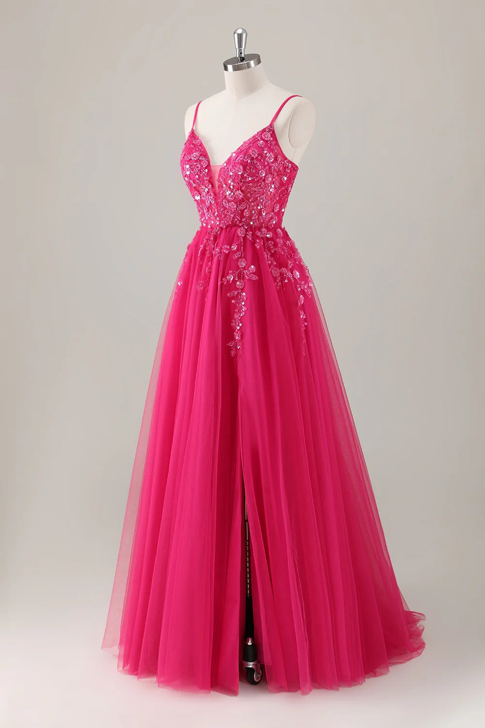 HEULORIA Enchanting 3D Floral Applique V-Neck Tulle A-Line Prom Dress - Corset Back Formal Gown ED-341
