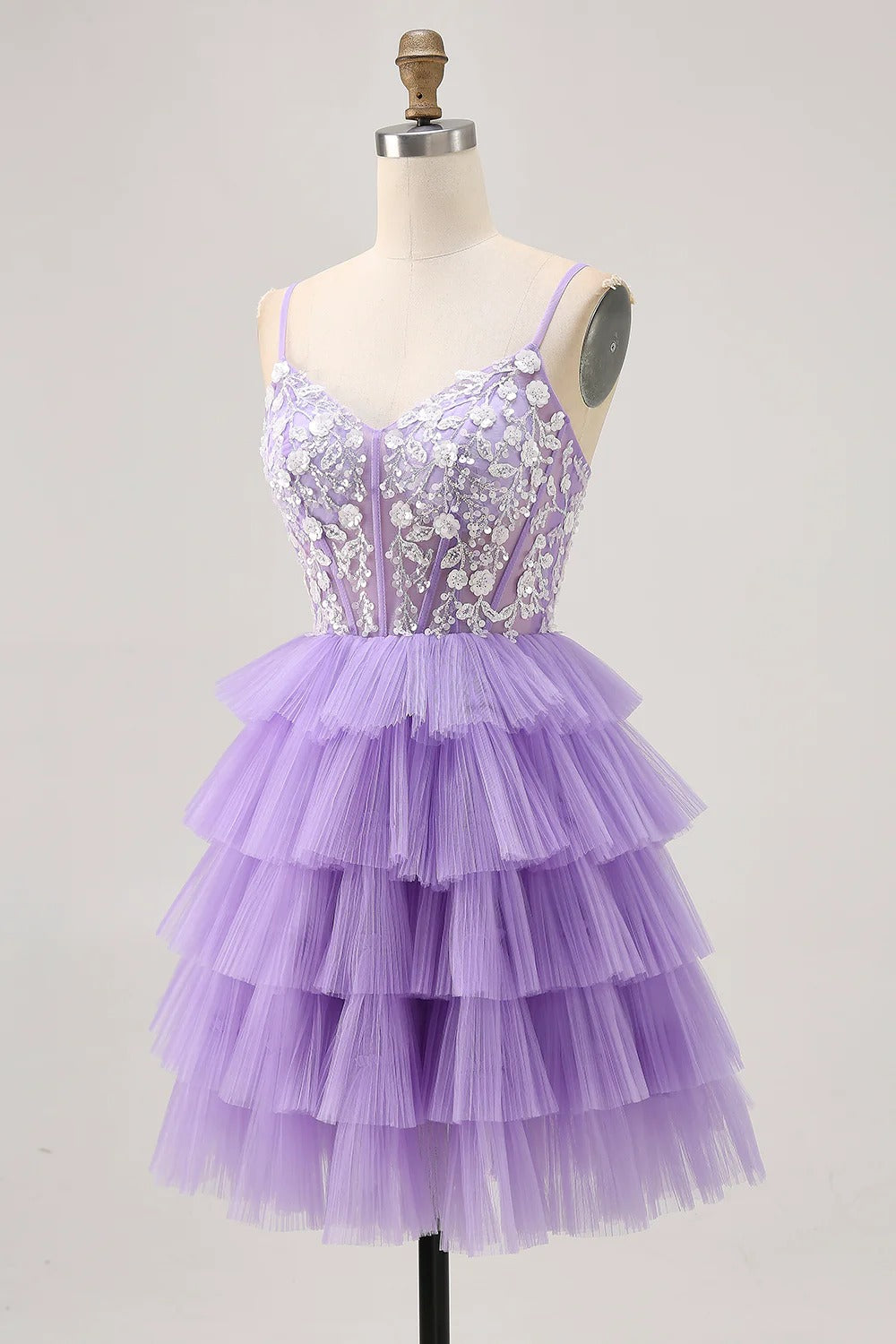 HEULORIA Lavender Tiered Tulle Mini Dress - Sequin Lace Appliqué V-Neck Cocktail Gown ED-294
