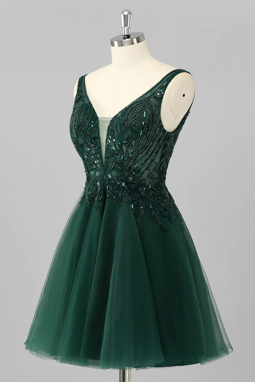 Short Dark Green Sequin Homecoming Dress | V-Neck Tulle Cocktail Gown Dark Green / 18W Short Dark Green Sequin Homecoming Dress | V-Neck Tulle Cocktail Gown Dark Green / 18W