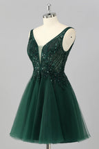 Heuloria Dark Green V-Neck Sequin Homecoming Dress - Short Tulle A-Line Cocktail Gown with Illusion Neckline ED-301