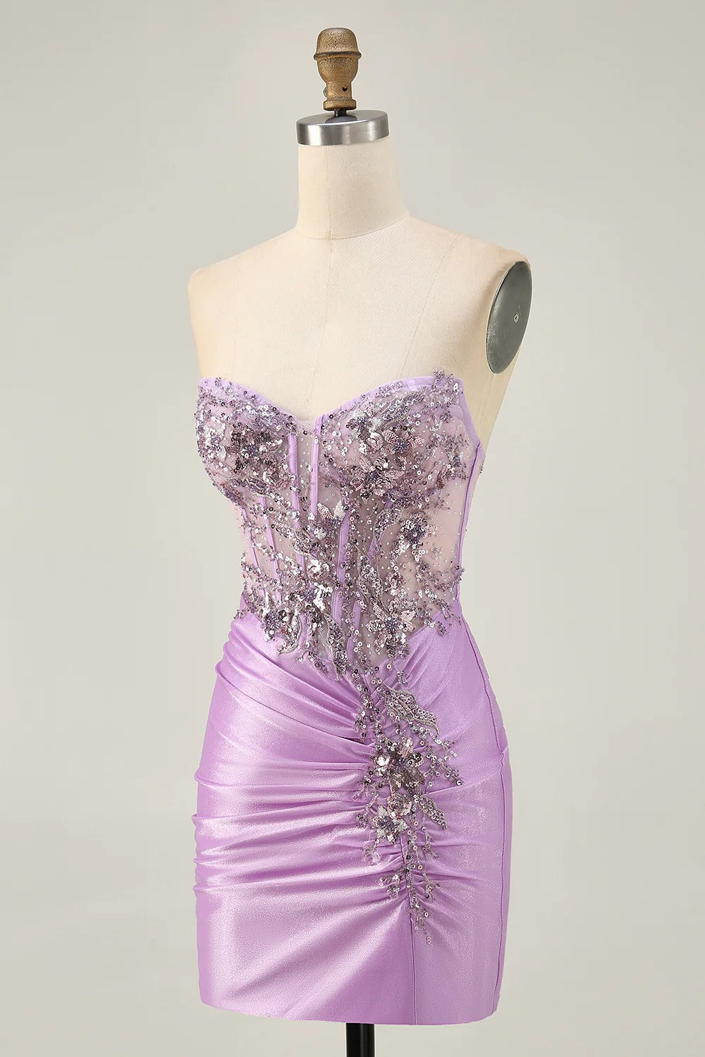 HEULORIA Sparkly Sequin Corset Mini Dress - Sheer Boning Ruched Bodycon Cocktail Gown ED-302
