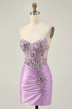 HEULORIA Sparkly Sequin Corset Mini Dress - Sheer Boning Ruched Bodycon Cocktail Gown ED-302