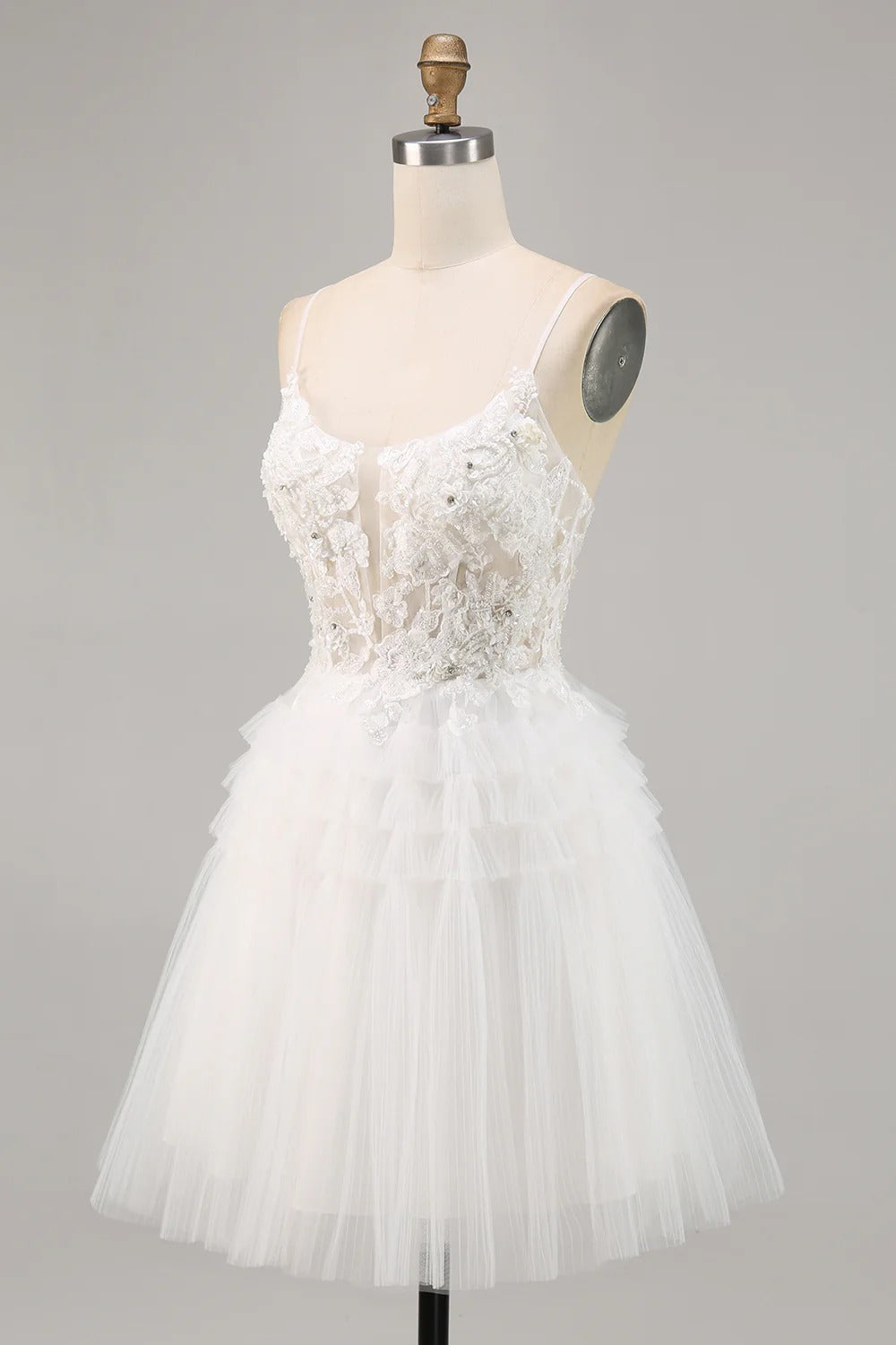 HEULORIA Enchanting Tiered Tulle Short evening Dress - Floral Lace Appliqué & Plunging V-Neck with Spaghetti Straps homecoming dress ED-290