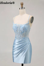 HEULORIA Light Blue Lace Corset Satin Mini Dress with Lace-Up Back ED-296