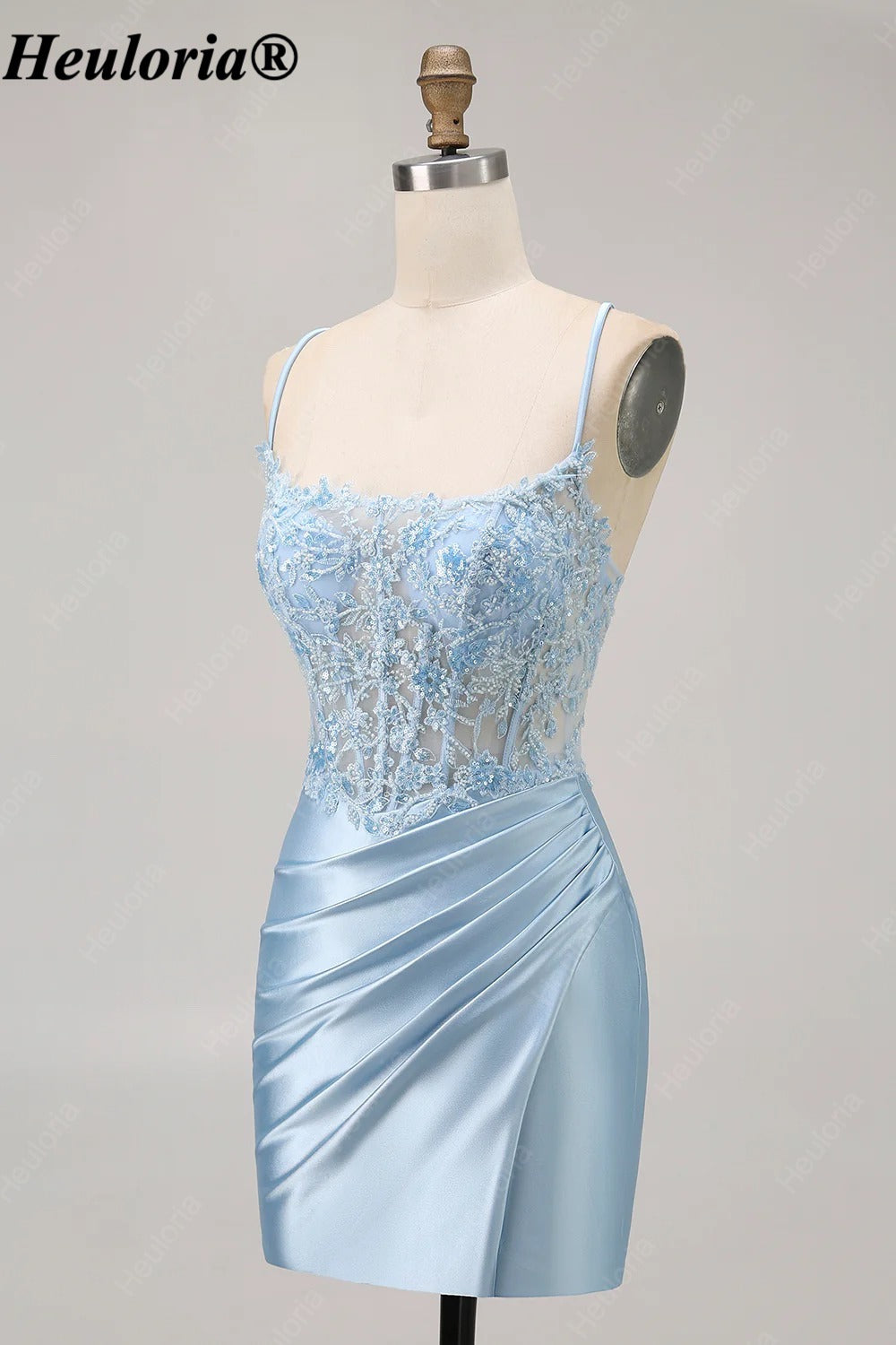 HEULORIA Light Blue Lace Corset Satin Mini Dress with Lace-Up Back ED-296