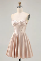 HEULORIA Champagne Satin Strapless Short Prom Dress - Twisted Sweetheart & Corset Back ED-329