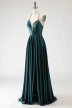 HEULORIA Dark Green Plunging V-Neck Satin Evening Gown with Lace-Up Corset Back ED-334