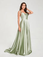 HEULORIA Tie-Shoulder Cowl Neck Satin A-Line Dress with Slit and Train ED-158