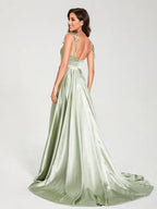 HEULORIA Tie-Shoulder Cowl Neck Satin A-Line Dress with Slit and Train ED-158
