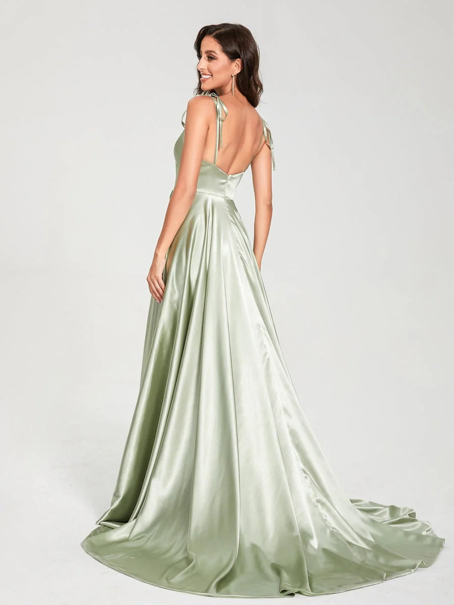 HEULORIA Tie-Shoulder Cowl Neck Satin A-Line Dress with Slit and Train ED-158