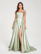 HEULORIA Tie-Shoulder Cowl Neck Satin A-Line Dress with Slit and Train ED-158