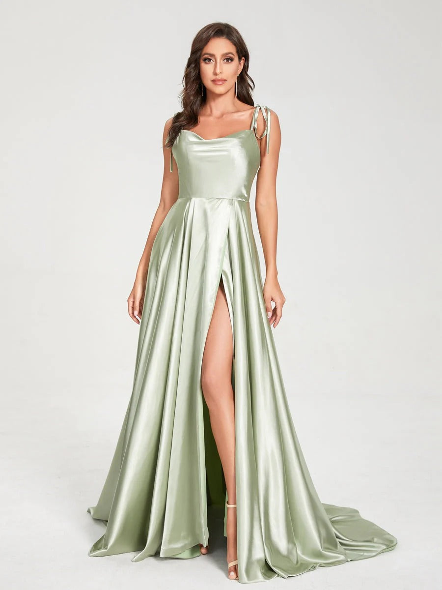 HEULORIA Tie-Shoulder Cowl Neck Satin A-Line Dress with Slit and Train ED-158