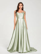 HEULORIA Tie-Shoulder Cowl Neck Satin A-Line Dress with Slit and Train ED-158