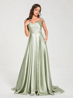 HEULORIA Tie-Shoulder Cowl Neck Satin A-Line Dress with Slit and Train ED-158