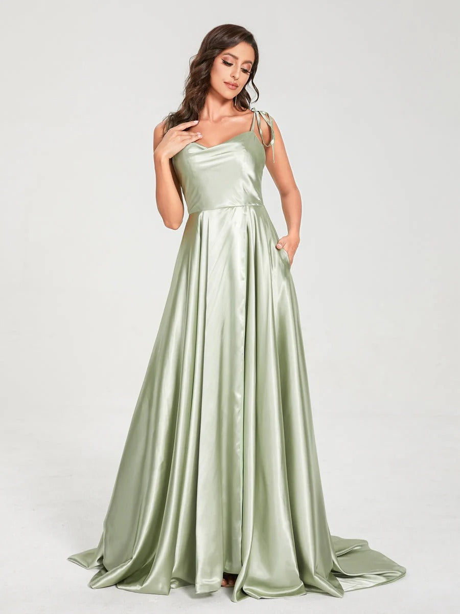 HEULORIA Tie-Shoulder Cowl Neck Satin A-Line Dress with Slit and Train ED-158
