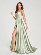 HEULORIA Tie-Shoulder Cowl Neck Satin A-Line Dress with Slit and Train ED-158
