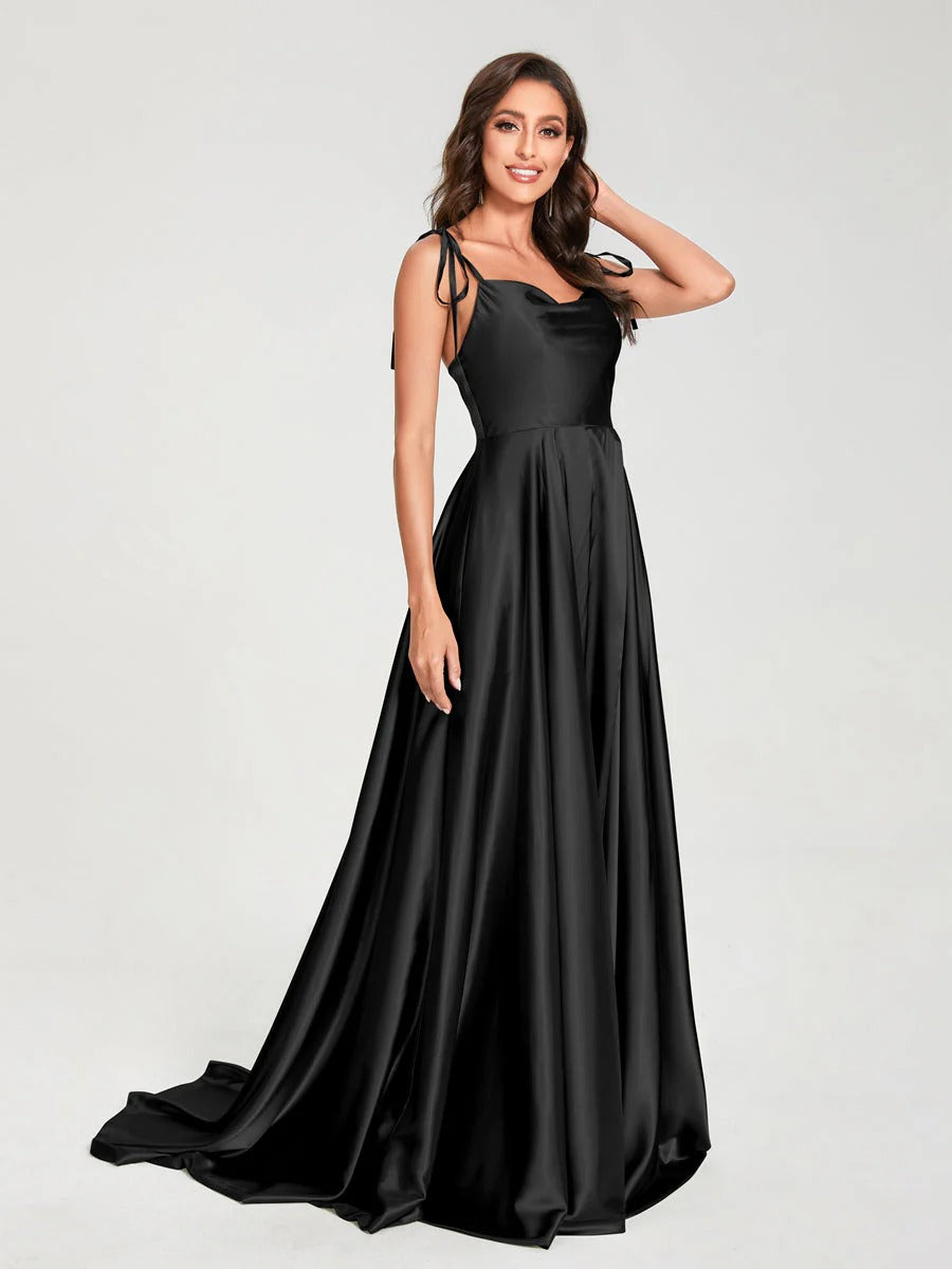 HEULORIA Tie-Shoulder Cowl Neck Satin A-Line Dress with Slit and Train ED-158